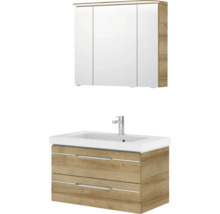 Badmöbel-Set Pelipal Sunline 108 BxHxT 92 x 200 x 50,8 cm Frontfarbe eiche riviera Badmöbelset 3-teilig mit Waschtisch Mineralmarmor weiß und Waschtischunterschrank Spiegelschrank mit LED-Beleuchtung