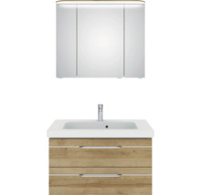 Badmöbel-Set Pelipal Sunline 108 BxHxT 92 x 200 x 50,8 cm Frontfarbe eiche riviera Badmöbelset 3-teilig mit Waschtisch Mineralmarmor weiß und Waschtischunterschrank Spiegelschrank mit LED-Beleuchtung