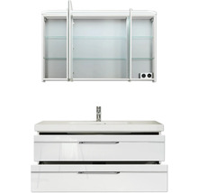 Badmöbel-Set Pelipal Sunline 108 BxHxT 123 x 200 x 50,8 cm Frontfarbe weiß hochglanz Badmöbelset 3-teilig mit Waschtisch Mineralmarmor weiß und Waschtischunterschrank Spiegelschrank mit LED-Beleuchtung