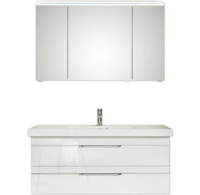 Badmöbel-Set Pelipal Sunline 108 BxHxT 123 x 200 x 50,8 cm Frontfarbe weiß hochglanz Badmöbelset 3-teilig mit Waschtisch Mineralmarmor weiß und Waschtischunterschrank Spiegelschrank mit LED-Beleuchtung