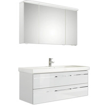 Badmöbel-Set Pelipal Sunline 108 BxHxT 123 x 200 x 50,8 cm Frontfarbe weiß hochglanz Badmöbelset 3-teilig mit Waschtisch Mineralmarmor weiß und Waschtischunterschrank Spiegelschrank mit LED-Beleuchtung