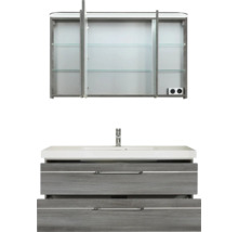 Badmöbel-Set Pelipal Sunline 108 BxHxT 123 x 200 x 50,8 cm Frontfarbe graphit struktur quer Badmöbelset 3-teilig mit Waschtisch Mineralmarmor weiß und Waschtischunterschrank Spiegelschrank mit LED-Beleuchtung