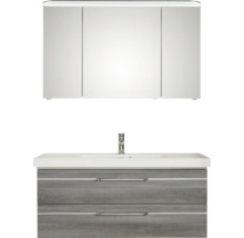 Badmöbel-Set Pelipal Sunline 108 BxHxT 123 x 200 x 50,8 cm Frontfarbe graphit struktur quer Badmöbelset 3-teilig mit Waschtisch Mineralmarmor weiß und Waschtischunterschrank Spiegelschrank mit LED-Beleuchtung
