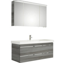 Badmöbel-Set Pelipal Sunline 108 BxHxT 123 x 200 x 50,8 cm Frontfarbe graphit struktur quer Badmöbelset 3-teilig mit Waschtisch Mineralmarmor weiß und Waschtischunterschrank Spiegelschrank mit LED-Beleuchtung