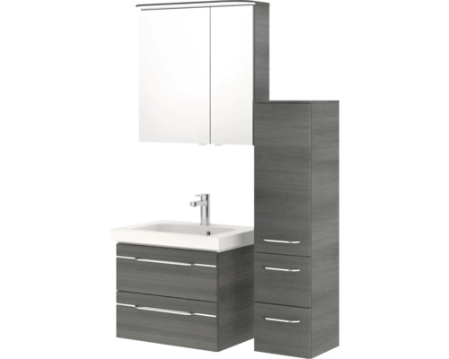 Ensemble complet de salle de bains avec meuble sous-lavabo, lavabo, armoire de toilette et armoire haute pour plus d''espace de rangement dans la salle de bains.