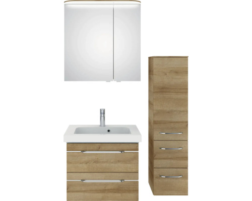 Ensemble de salle de bains avec meuble sous-lavabo, lavabo, armoire de toilette et armoire haute