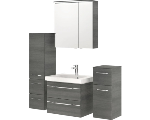 Ensemble de salle de bains avec lavabo, meuble sous-lavabo, armoire de toilette et armoire haute pour un aménagement de salle de bains moderne