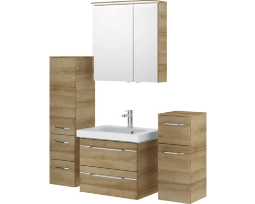 Ensemble de salle de bains avec lavabo, meuble sous-vasque, armoire de toilette et armoires hautes