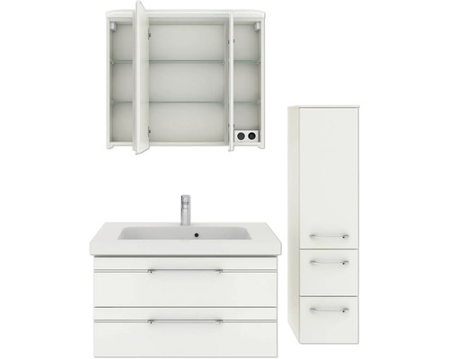 Badezimmerset mit Waschtischunterschrank, Spiegelschrank und Hochschrank