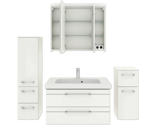 Komplettes Badezimmerset mit Waschbeckenunterschrank, Spiegelschrank und zwei Seitenschränken