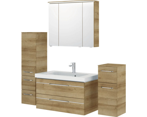 Ensemble de salle de bains avec meuble sous-lavabo, lavabo, armoire de toilette et armoires hautes