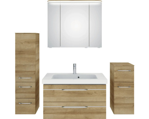 Ensemble de salle de bains avec lavabo, armoire de toilette et armoire haute