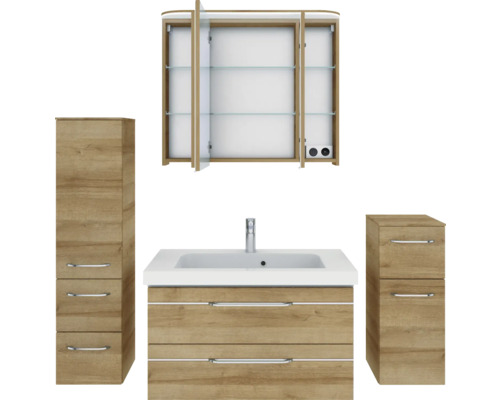 Ensemble de salle de bains avec meuble sous-lavabo, armoire de toilette et armoires hautes