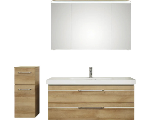 Badezimmerset mit Waschtischunterschrank, Waschbecken, Spiegelschrank und Seitenschrank