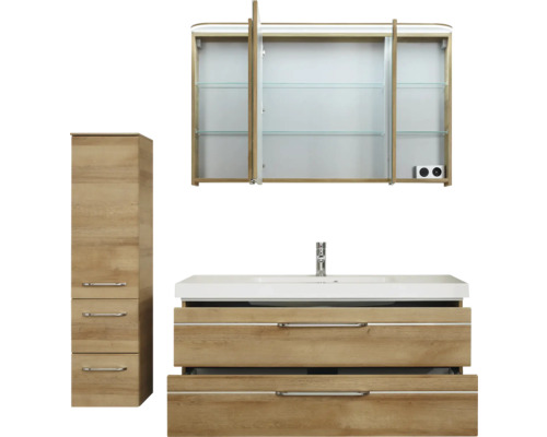 Ensemble de salle de bains avec meuble sous-vasque, armoire de toilette et armoire haute dans la salle de bains