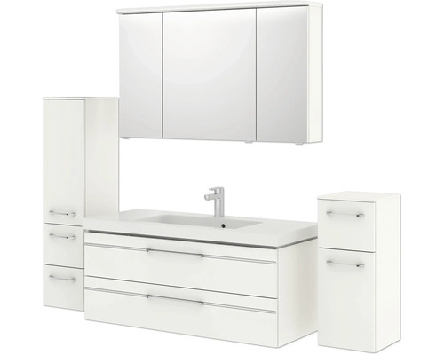 Badezimmer Set mit Waschtisch, Unterschrank, Spiegelschrank und Hochschränken.
