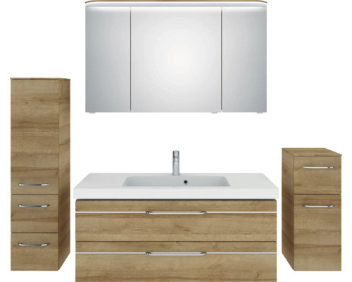Badezimmer-Set mit Spiegelschrank, Waschtischunterschrank und zwei Seitenschränken
