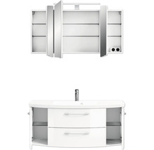 Badezimmerensemble mit Waschtischunterschrank, Waschbecken und Spiegelschrank mit offenen Türen