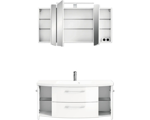 Badezimmerensemble mit Waschtischunterschrank, Waschbecken und Spiegelschrank mit offenen Türen