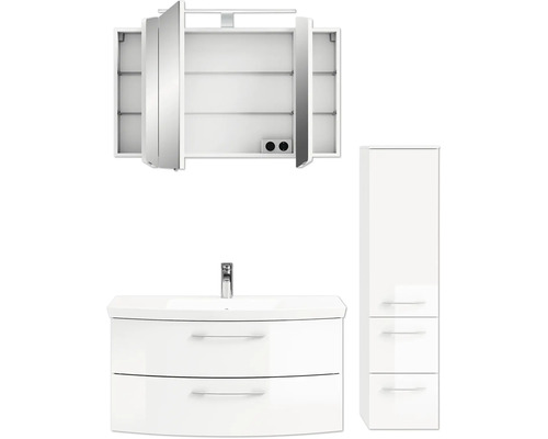 Ensemble de salle de bains blanc avec armoire de toilette, meuble sous-lavabo et armoire haute