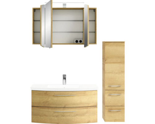 Ensemble de salle de bains avec lavabo, armoire de toilette et armoire haute