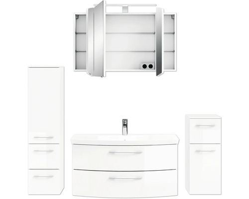 Badezimmerset mit Waschtischunterschrank, Spiegelschrank und zwei Hochschränken