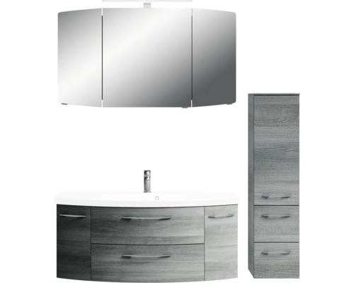 Aménagement complet de salle de bains avec meuble sous-lavabo, lavabo, armoire de toilette et armoire haute