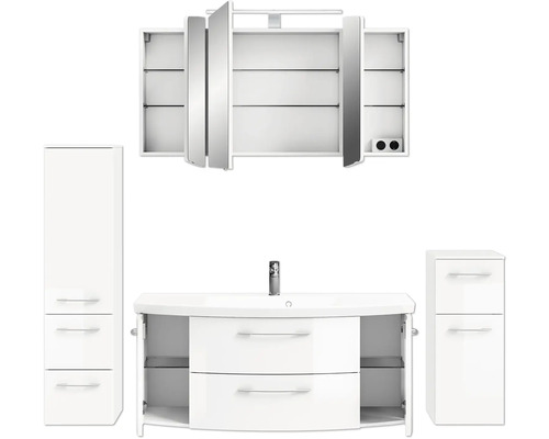 Komplettes Badezimmerset mit Waschbeckenunterschrank, Spiegelschrank und zwei Hochschränken