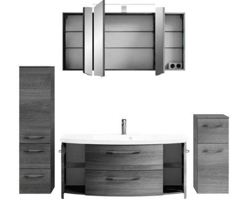 Ensemble de salle de bains avec lavabo, armoire de toilette et armoires hautes