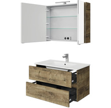 Waschtisch mit Waschbecken und Spiegelschrank mit offenen Fächern im Badezimmer