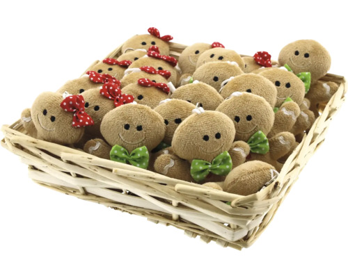 Peluche petit bonhomme en pain d’épices sélection de motifs aléatoire Panier rempli de peluches bonhommes en pain d''épices avec des nœuds