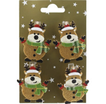 Quatre décorations de Noël en feutre en forme de renne avec écharpe et bonnet sur une carte