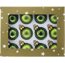 Verpackung mit zwölf grünen Weihnachtskugeln aus Glas
