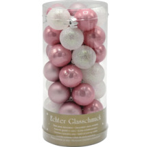 Packung mit rosa und weißen Christbaumkugeln aus Glas
