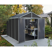 Abri de jardin avec portes ouvertes et étagères de rangement