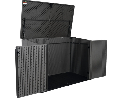 Geöffneter Geräteschuppen aus Kunststoff mit Tür und Deckel