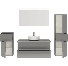 Badmöbel-Set NOBILIA Programm 3 BxHxT 230 x 169,1 x 48,7 cm Frontfarbe grau hochglanz mit Aufsatz-Waschtisch weiß und Spiegel mit LED-Beleuchtung Midischrank Unterschrank Griffleiste schwarz 525