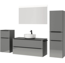 Badmöbel-Set NOBILIA Programm 3 BxHxT 230 x 169,1 x 48,7 cm Frontfarbe grau hochglanz mit Aufsatz-Waschtisch weiß und Spiegel mit LED-Beleuchtung Midischrank Unterschrank Griffleiste schwarz 525
