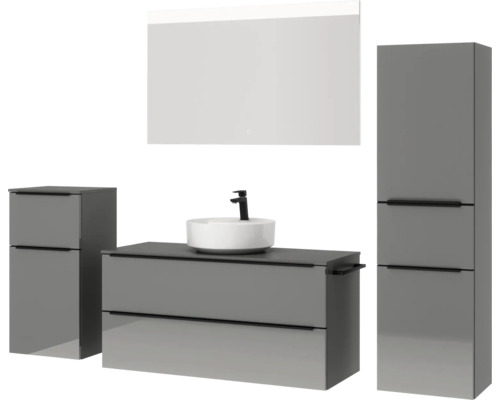 Ensemble de salle de bains avec meuble-lavabo, lavabo, armoire de toilette et armoire haute