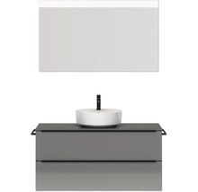 Badmöbel-Set NOBILIA Programm 3 BxHxT 121 x 169,1 x 48,7 cm Frontfarbe grau hochglanz mit Aufsatz-Waschtisch weiß und Spiegel mit LED-Beleuchtung Griffleiste schwarz 501
