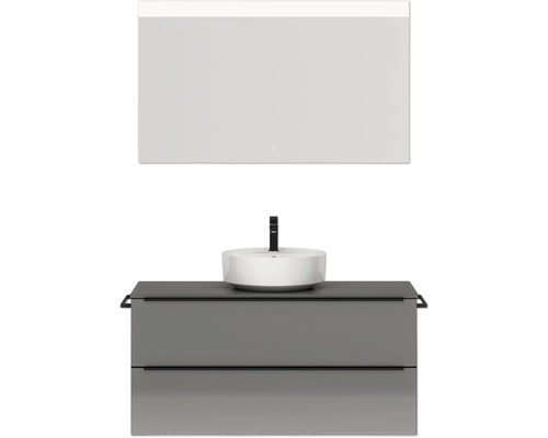 Badmöbel-Set NOBILIA Programm 3 BxHxT 121 x 169,1 x 48,7 cm Frontfarbe grau hochglanz mit Aufsatz-Waschtisch weiß und Spiegel mit LED-Beleuchtung Griffleiste schwarz 501 Waschtischkombination mit Aufsatzwaschbecken, Unterschrank und Spiegel mit Beleuchtung