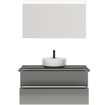 Badmöbel-Set NOBILIA Programm 3 BxHxT 121 x 169,1 x 48,7 cm Frontfarbe grau hochglanz mit Aufsatz-Waschtisch weiß und Spiegel mit LED-Beleuchtung Griffleiste schwarz 501