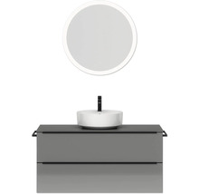 Badmöbel-Set NOBILIA Programm 3 BxHxT 121 x 169,1 x 48,7 cm Frontfarbe grau hochglanz mit Aufsatz-Waschtisch weiß und Spiegel rund mit LED-Beleuchtung Griffleiste schwarz 517