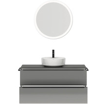 Badmöbel-Set NOBILIA Programm 3 BxHxT 121 x 169,1 x 48,7 cm Frontfarbe grau hochglanz mit Aufsatz-Waschtisch weiß und Spiegel rund mit LED-Beleuchtung Griffleiste schwarz 517
