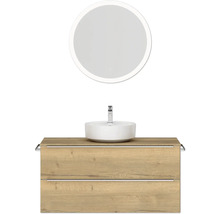Badmöbel-Set NOBILIA Programm 3 BxHxT 121 x 169,1 x 48,7 cm Frontfarbe eiche natur mit Aufsatz-Waschtisch weiß und Spiegel rund mit LED-Beleuchtung Griffleiste chrom matt 518