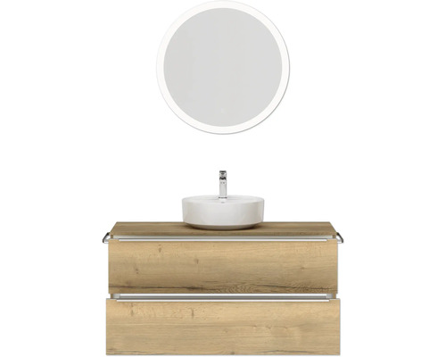 Salle de bains avec meuble sous-lavabo, vasque à poser et miroir LED