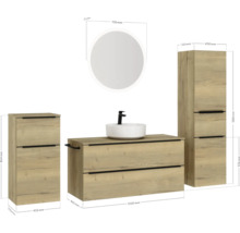 Badmöbel-Set NOBILIA Programm 3 BxHxT 230 x 169,1 x 48,7 cm Frontfarbe eiche natur mit Aufsatz-Waschtisch weiß und Spiegel rund mit LED-Beleuchtung Midischrank Unterschrank Griffleiste schwarz 543