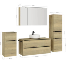 Badezimmer Set mit Waschtisch, Waschbecken, Spiegelschrank und Hochschränken mit Maßangaben