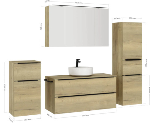 Badezimmer Set mit Waschtisch, Waschbecken, Spiegelschrank und Hochschränken mit Maßangaben