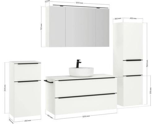 Ensemble de salle de bains avec meuble-lavabo, lavabo, armoire de toilette et armoires hautes avec dimensions